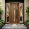 Single Entrance Door Design with Hexagonal Lattice Border and Brass Perimeter Frame