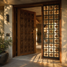 Coffered Teak Single Entrance Door Design with Brass Studs and Lattice Sidelight