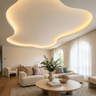 Living Room Design with Round Travertine Coffee Table and Arched Windows