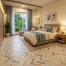 Herringbone Plank Tile Flooring with Grey-Blue Accent Tiles
