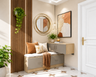Foyer Design with Dove Grey Storage Bench and Fluted Wood Backdrop