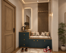 Foyer Design with Blue Storage Bench and Backlit Mirror