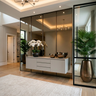 Frosty White Foyer Design with Tinted Bronze Mirror Panelling and Floating Console