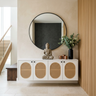 Frosty White Foyer Design with Rattan Inset Credenza and Circular Mirror