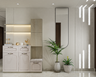 Off White Foyer Design with Arched Mirror and Backlit Shelving