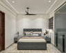Grey Guest Bedroom Design with Geometric Bed and High-Gloss Wardrobe