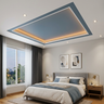 Grey Upholstered Bed in Guest Bedroom Design with Blue Ceiling