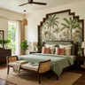 Guest Bedroom Design with Jungle Mural Wall and Cane Bench