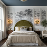 Guest Bedroom Design with Curved Headboard and Boucle Armchair
