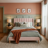 Pink Velvet Platform Bed in Guest Bedroom Design with Green Paneling