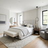 Light Grey Wingback Bed in Guest Bedroom Design with Oak Dresser