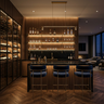 Dark Walnut Wood Home Bar Design with Floating Glass Shelves