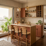 Terracotta and Wood Home Bar Design with Rattan Stools and Wine Grid