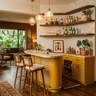 Yellow Home Bar Design with Curved Counter and Cane Panels