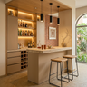 Home Bar Design with Travertine Counter and Brick Accent Wall