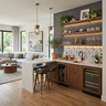 Walnut Brown Home Bar Design with Floating Wall Shelves and LED Lights