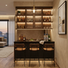Contemporary Home Bar Design with Glass Display Cabinet and Leather Stools