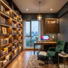 Walnut Home Office Design with Bookcase and Green Armchair
