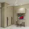 Beige Home Office Design with Compact Desk and Floor-to-Ceiling Wardrobe