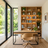 Walnut Bronze Home Office with Oak Desk, Curved Chairs, Shelving and Garden View