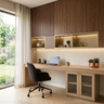 Walnut Home Office Design with Light Wood Desk and Illuminated Display Niches