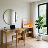 Light Oak Home Office with Writing Desk, Brass Mirror, Credenza and Fiddle Leaf Plant