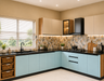 L-Shaped Kitchen Design with Backlit Glass Cabinet