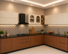 L-Shaped Kitchen Design with Blue Patterned Backsplash