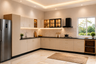 L-Shaped Kitchen Design with Backlit Glass Wall Cabinets