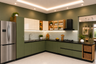 L-Shaped Kitchen Design with Glass Display Cabinets