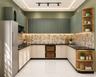 U-Shaped Kitchen Design with Fluted Wall Cabinets and Hexagon Backsplash
