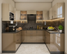 Brown Cream U-Shaped Kitchen Design with Fluted Glass Cabinets