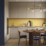 Irish Beige L-Shaped Kitchen Design with Mustard Subway Tiles