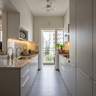 Grey White Parallel Kitchen Design with Speckled Granite Countertop