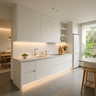 White Straight Kitchen Design with Chevron Backsplash and Quartz Countertop