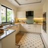 U-Shaped Kitchen Design with Hexagonal Floor Tiles