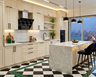 Island Kitchen Design with Marble Waterfall Island
