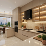 Beige U-Shaped Kitchen Design with Quartz Peninsula Extension