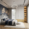 Kids Bedroom Design with Cosmic Wall and Arched Storage Wardrobe