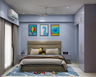 Periwinkle Kids Bedroom Design with Cushioned Bed and Colorful Animal Artwork