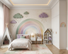 Pastel Kids Bedroom Design with Rainbow Wall Mural and Mini Teepee