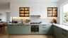L-Shaped Kitchen Design with Green Base Cabinets and White Lofts