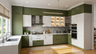 U-Shaped Kitchen Design with Green Cabinets and Built-In Oven Tower