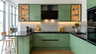 U-Shaped Kitchen Design with Gloss Green Cabinets and Peninsula Bar