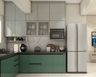 L-Shaped Kitchen Design with Aqua Green and Grey Cabinets