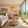 Living Room Design with Pink Sofa and Peach Wall Canvas