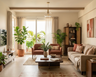 Living Room Design with Terracotta Armchairs and Cane Storage Unit