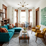 Teal Velvet Sectional in Living Room Design with Fireplace Bookcases