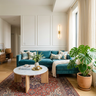 Teal Velvet Sectional in Living Room Design with Marble Table