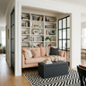 Blush Pink Sofa in Living Room Design with Storage Ottoman
